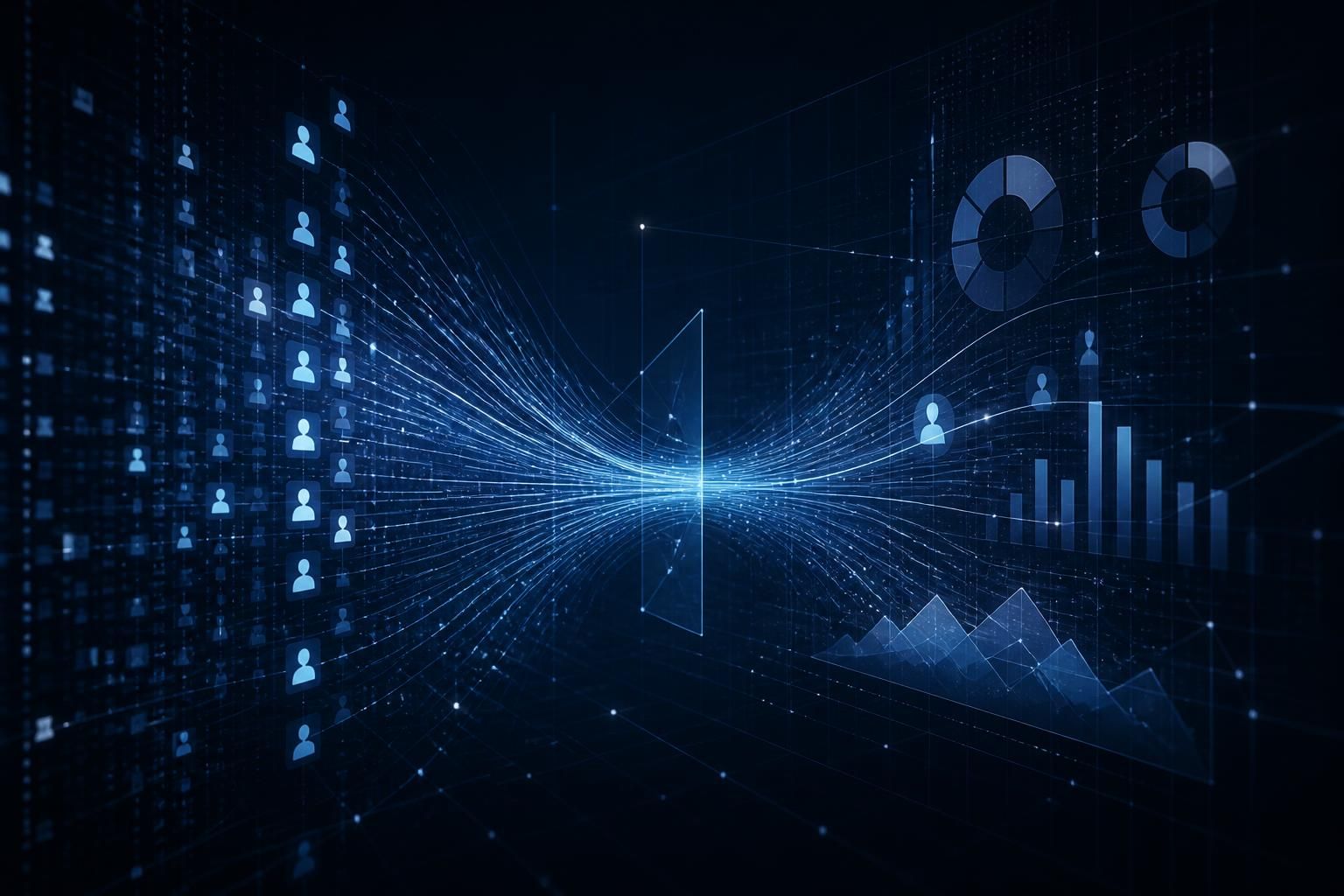 Abstract visualisation of consumer opt-in records flowing into analytics dashboards