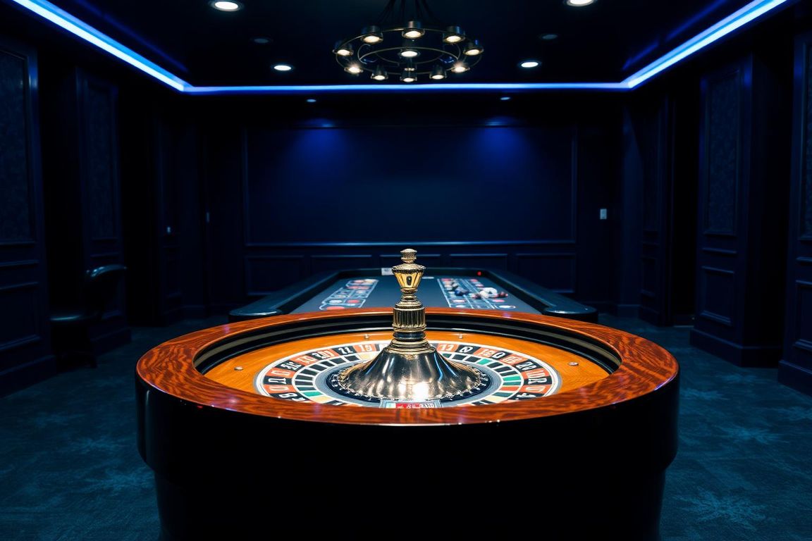 Upscale casino room with roulette wheel lit in deep navy and blue light