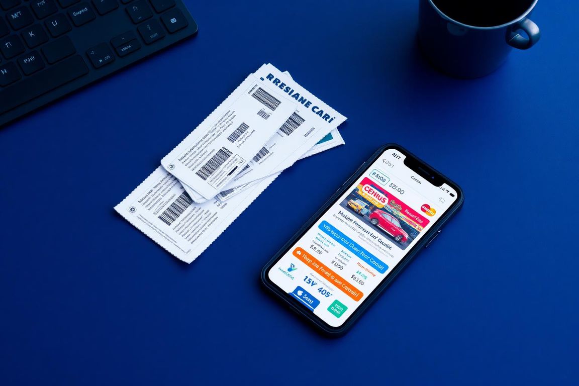 Printed coupons and a smartphone showing shopping deals on a navy surface