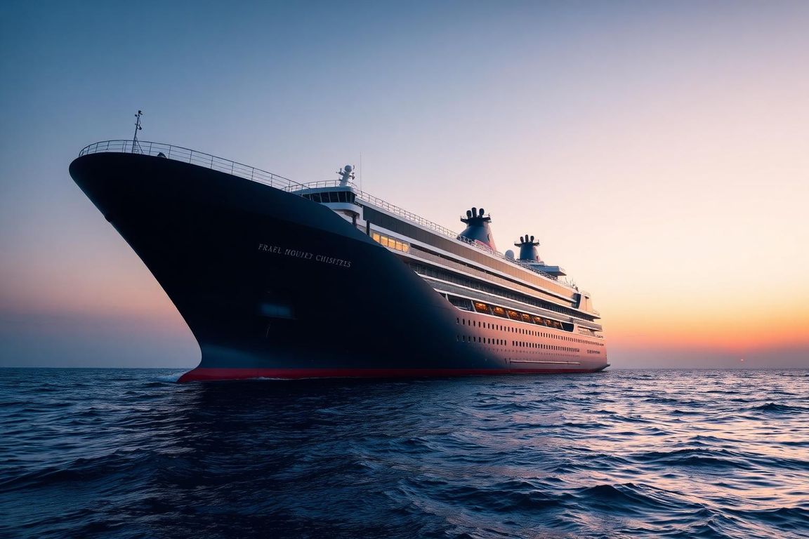 Large cruise ship at dusk on calm open ocean