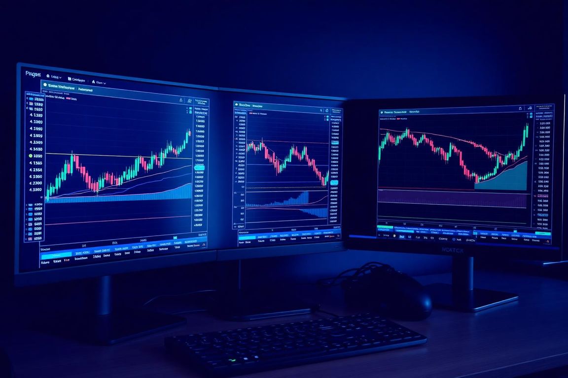 Multiple monitors showing crypto trading charts in a dark navy office