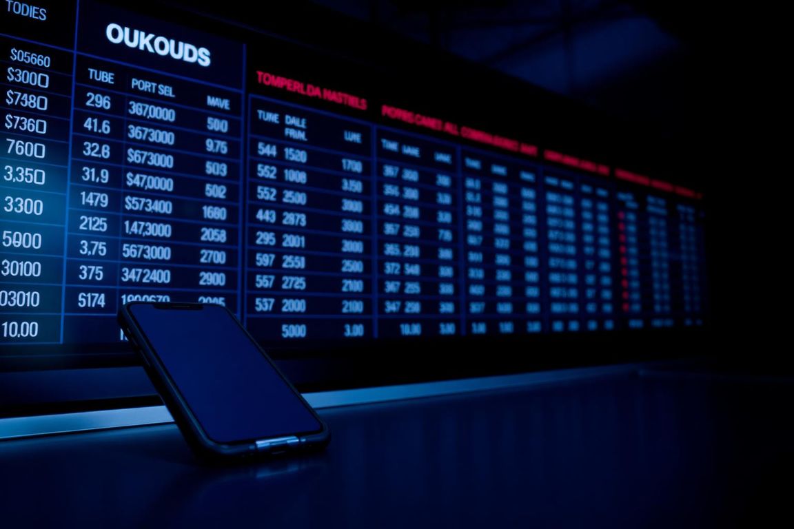 Sports betting odds board with a phone showing a wagering app in navy blue tones
