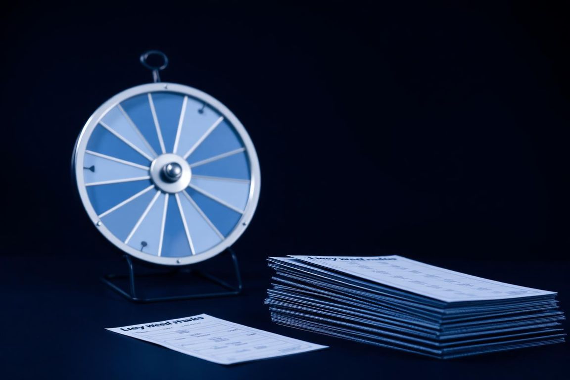 Prize wheel and stack of sweepstakes entry forms on a navy desk